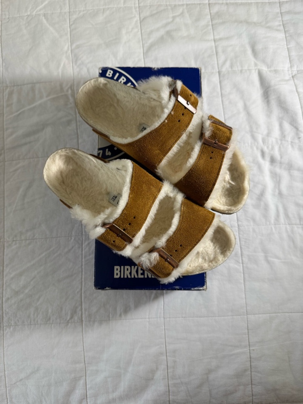 Birkenstock Two-Strap Shearling Lined Slide - Camel